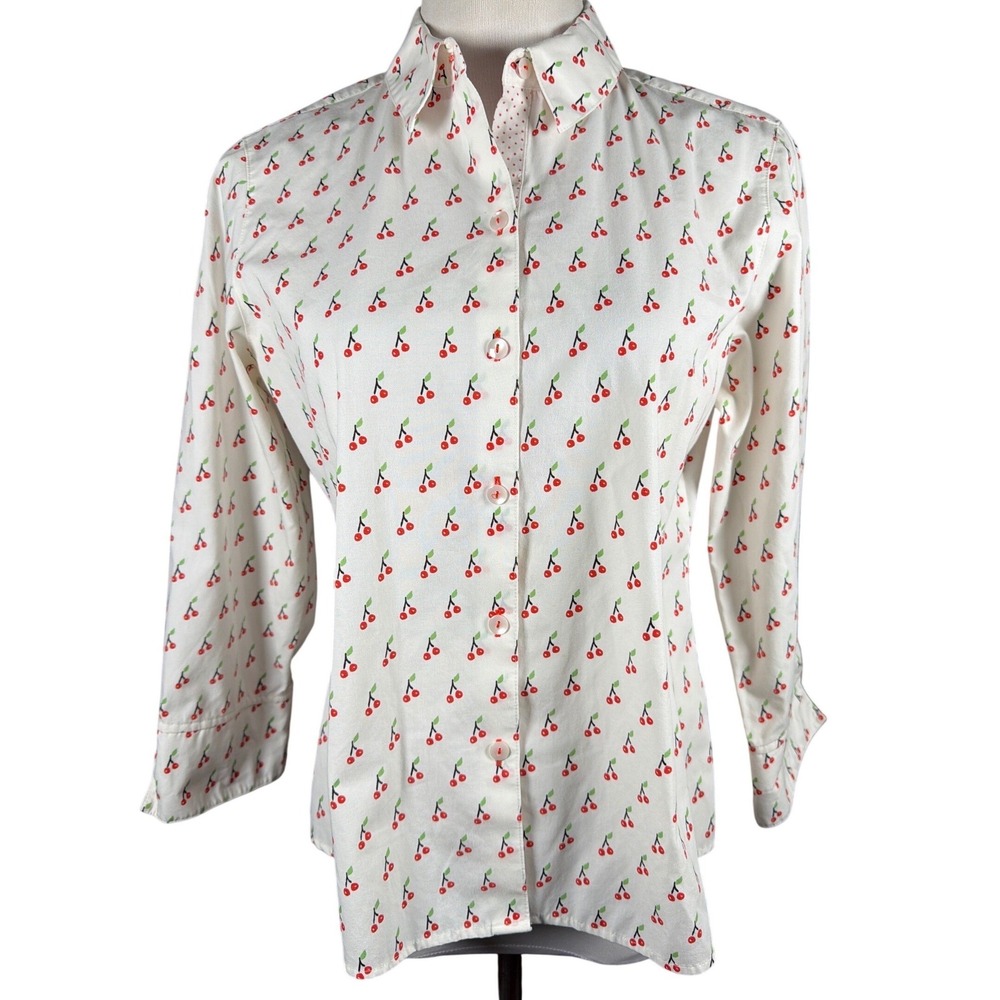 Foxcroft NYC Women 10P White Cherry Print Wrinkle Free 3/4 Sleeve Button Blouse